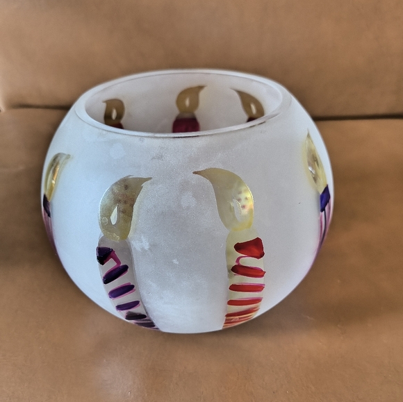 TeleFlora Circle Frosted Glass Vase Bowl w/ Multi-Color Hand Painted Candles - Picture 4 of 12
